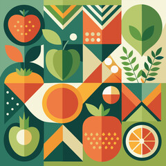 Abstract geometric pattern of farm food. Stylized poster with fruit and vegetables. Agriculture plants in cubism style. Contemporary art of healthy, natural, organic products. Flat vector illustration