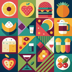 Abstract geometric pattern of farm food. Stylized poster with fruit and vegetables. Agriculture plants in cubism style. Contemporary art of healthy, natural, organic products. Flat vector illustration