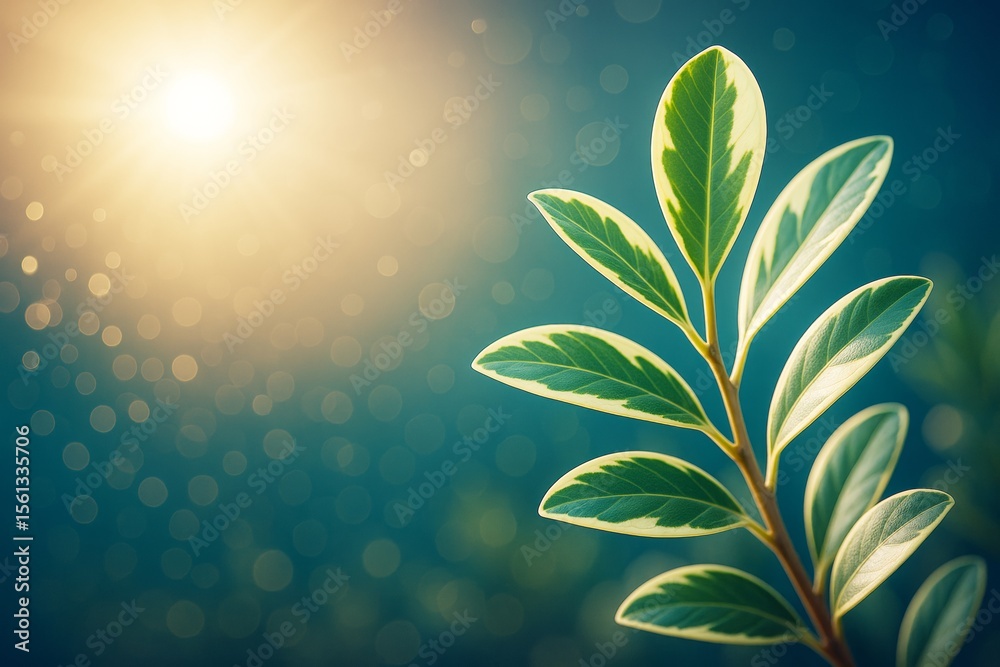 Poster sunlit green leaves with abstract bokeh background in natural light atmosphere, symbolizing growth a