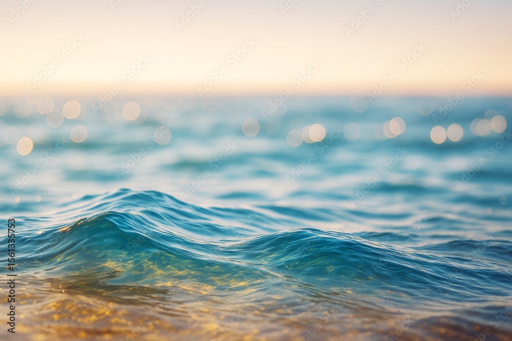 Poster Close-up of gentle ocean waves with golden reflections and soft bokeh lights at sunset on a serene water surface background scene.