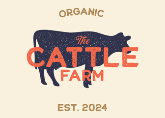Cow or Cattle Farm with Cow Silhouette Vintage Retro Background. Ideal for branding organic farms, local produce markets, homesteading, animal husbandry, or artisanal food packaging.