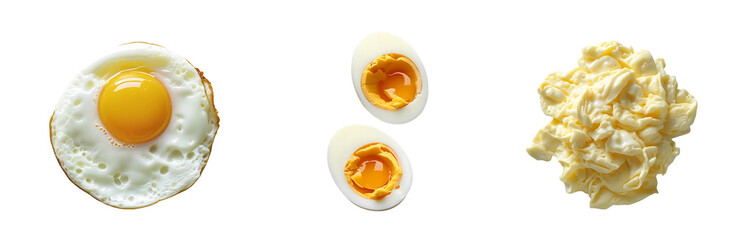 Fototapeta premium Fried, Soft-Boiled, and Scrambled Eggs – Isolated on Transparent Background