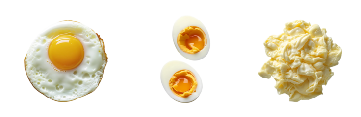 Fried, Soft-Boiled, and Scrambled Eggs – Isolated on Transparent Background