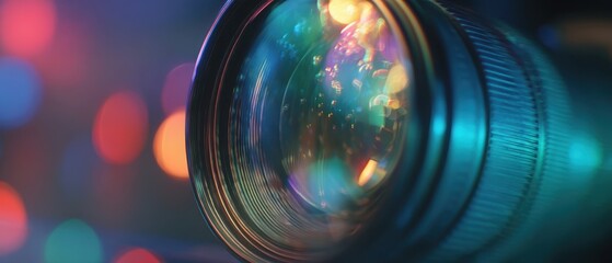 The detailed lens capturing vibrant reflections and colorful bokeh effects.