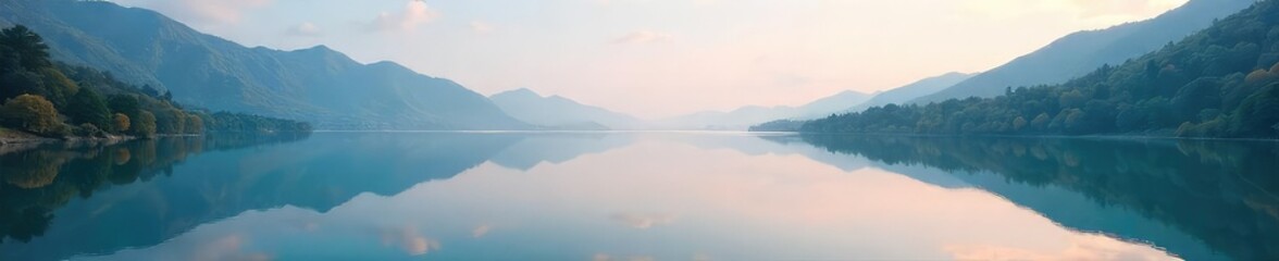 Serene Lake Landscape Still Water Reflecting a Calm Sky, Evoking Tranquility and Inner Peace - Perfect for Wellness, Meditation, and Relaxation Themes