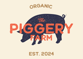 Pig or Piggery Farm with Pig Silhouette Vintage Retro Background. Ideal for branding organic farms, local produce markets, homesteading, animal husbandry, or artisanal food packaging.