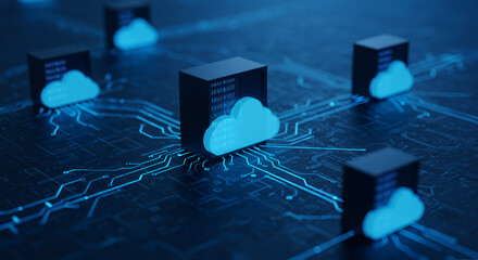 Cloud computing technology with data servers connected through network lines on dark blue circuit board background