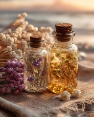 Create an Exquisite Artwork Featuring Healing Herbs and Tinctures Captured in Beautiful Glass Bottles with Natural Elements