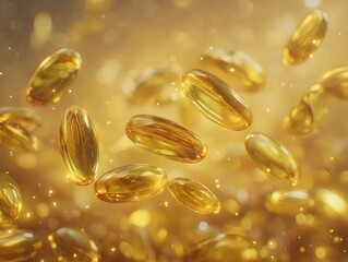 Create an Intimate POV Shot of Vibrant Herbal Pills Floating in a Dreamy Background with Glittering Effects and Warm Tones