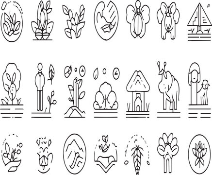 A collection of line art icons depicting nature animals and conservation themes in a simple style