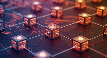 Network of interconnected data blocks with glowing lights and digital lines highlighting blockchain technology and secure data transfer