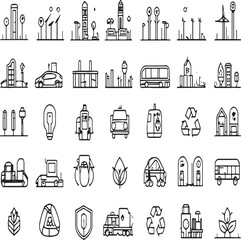 A collection of minimalist line art icons depicting sustainable living and environmental conservation