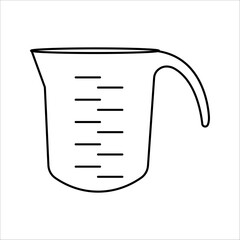 Silhouette Measuring cup with pouring funnel, handle. Kitchen utensils outline icon. Black illustration of dishes for measuring liquid and dry cooking ingredients on black and white background.