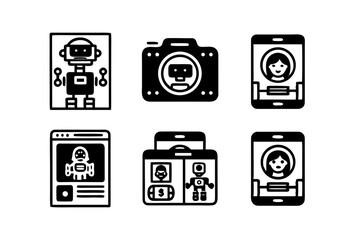 Collection of robot and technology icons including a robot illustration camera smartphone with person and web page elements isolated on white background