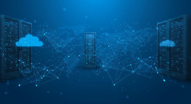 Data servers interconnected with digital network lines in a futuristic technology data center with cloud storage and cybersecurity elements