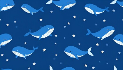 Fototapeta premium Seamless Pattern of Whales and Stars on Dark Blue Background