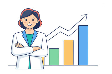 Businesswoman and growth chart: A confident businesswoman stands proudly, arms crossed, beside a vibrant growth chart, symbolizing success and upward trajectory in the corporate world. © Murshida
