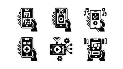 Collection of six black and white icons depicting hands holding smartphones with various app interfaces and functions isolated on white background