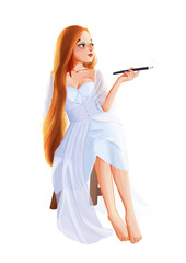 A stylish cartoon illustration of a woman with long flowing red hair, wearing a soft white dress. She sits gracefully on a bench and holds a long cigarette holder with a calm and confident expression.