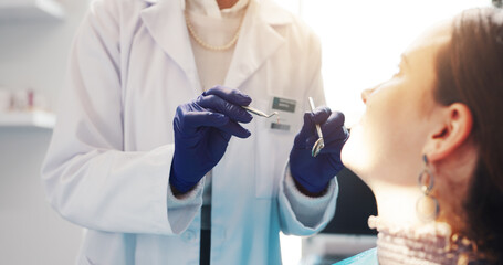 Hands, patient and procedure with tools at dentist for periodontal health, gum assessment or exam....