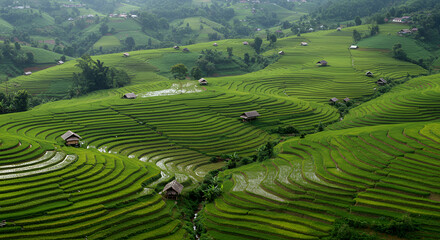 Fototapeta premium Terraced rice fields in lush green hills rural landscape with small wooden huts in tropical countryside during daytime