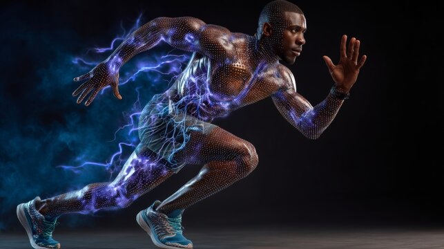 Athletic man embodies power and speed, moving fast with electrifying energy and physical strength against a dark background.