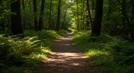 Fototapeta premium Dirt forest trail surrounded by lush green trees and ferns in bright sunlight during daytime