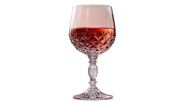 Elegant Crystal Wine Glass Filled with Rosé Wine, Featuring an Intricate Cut Glass Pattern and Ornate Stem, Perfect for Luxury Dining, Celebrations, and Sophisticated Beverages.