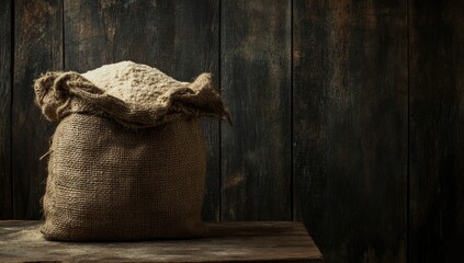 Rustic burlap sack of flour on wooden table (1)
