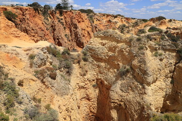 Sandstone coastal landscape in the bay of the Algarve, Albufeira, Portugal