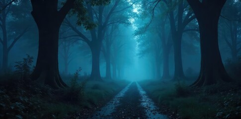 Obraz premium Spooky Forest Path at Night Mysterious Mist, Ominous Shadows, Perfect for Halloween, Horror, Fantasy, Game Assets, and Book Covers