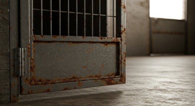 The rusted metal door symbolizes confinement and abandonment within a desolate space providing a
