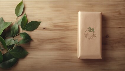 Light beige wooden box, nestled on a light wooden surface, with fresh green leaves