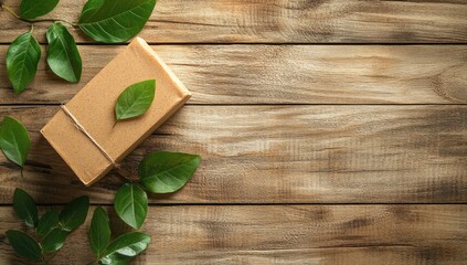 A simple kraft paper gift box sits on a wooden surface, surrounded by fresh green leaves.  Natural, sustainable packaging