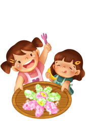 
A cheerful cartoon illustration of two young girls happily preparing and enjoying a traditional snack. One girl holds a fork and the other a banana.