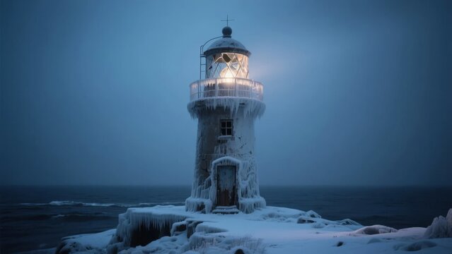 Snow-covered lighthouse emitting a warm glow against a cold, misty sea backdrop