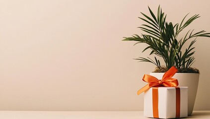 White gift box with orange ribbon next to a potted plant