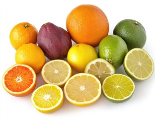 Assorted citrus fruits, whole and sliced, displayed against a white background.  A variety of colors, including oranges, grapefruits, limes, lemons, and possibly a blood orange or tangerine.