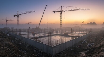 Construction site at sunrise enveloped in dense fog offering ethereal architectural imagery of