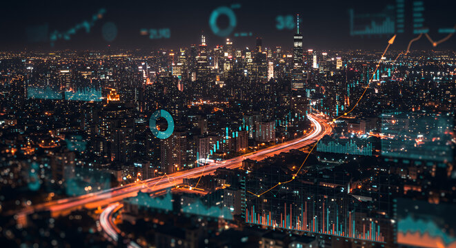 Nighttime cityscape view of a sprawling metropolis with illuminated skyscrapers busy highways and digital data overlays showing analytics and trends
