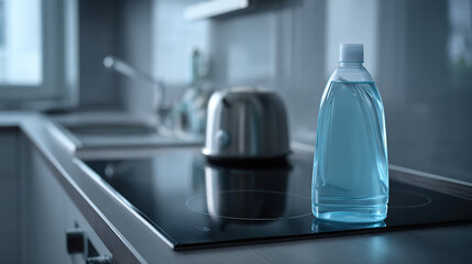 Clean kitchen countertop with electric cooker and detergent bottle, showcasing modern simplicity and efficiency.