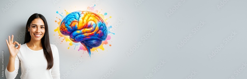 Poster smiling woman showing ok gesture beside colorful abstract brain illustration on light background wit