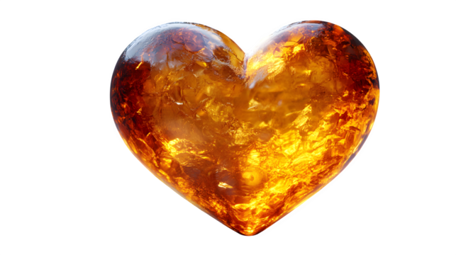 Ultra-realistic 3D render of a stylized heart shape made from polished yellow gold or amber, catching the light beautifully. Sharp focus, sophisticated studio lighting creating warm highlights, 
