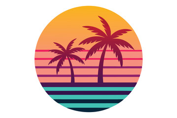 Retro circular sunset with wavy stripes and palm trees graphic design