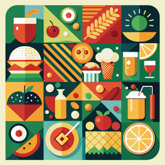 Abstract geometric pattern of farm food. Stylized poster with fruit and vegetables. Agriculture plants in cubism style. Contemporary art of healthy, natural, organic products. Flat vector illustration