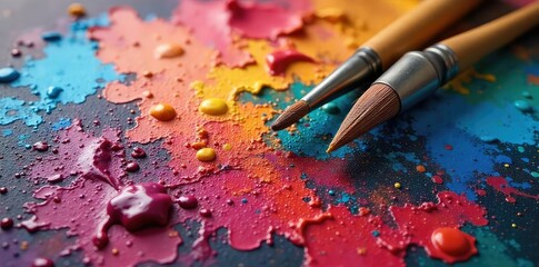 Fototapeta premium Vibrant Artists Palette Oil Paints and Brushes Ready for Creative Masterpiece