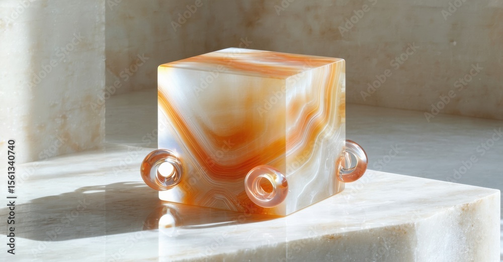 Aufkleber orange onyx cube rests upon marble surface. rounded details accent sides, creating striking visual c
