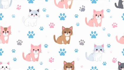 Seamless Pattern of Cute Cartoon Cats and Paw Prints