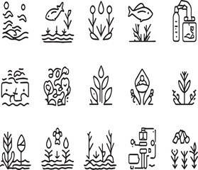 Fototapeta premium Collection of white square icons featuring nature elements and scientific illustrations in black lines