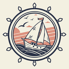 Vintage sailboat sailing on the ocean under a sunset sky and seagulls